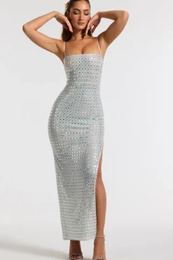 Oh Polly Party Dresses | Bride To Be^Embellished Square Neck Evening Gown in Silver