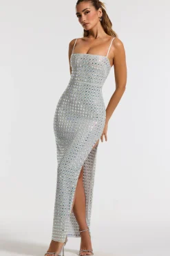 Oh Polly Party Dresses | Bride To Be^Embellished Square Neck Evening Gown in Silver