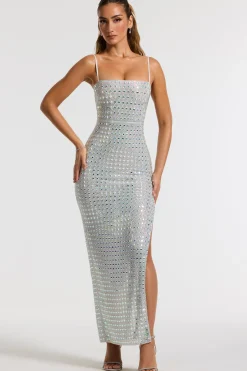 Oh Polly Party Dresses | Bride To Be^Embellished Square Neck Evening Gown in Silver