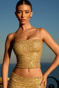 Oh Polly Co-Ords | Tops^Embellished Square-Neck Top in Gold
