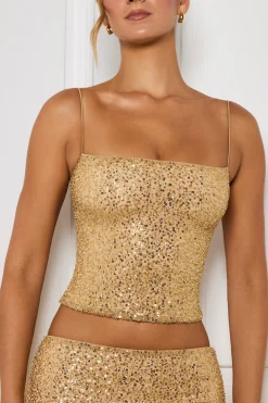 Oh Polly Co-Ords | Tops^Embellished Square-Neck Top in Gold