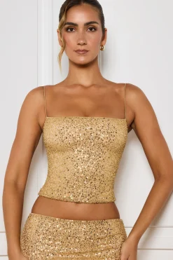 Oh Polly Co-Ords | Tops^Embellished Square-Neck Top in Gold