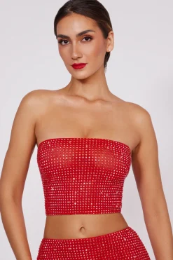 Oh Polly Co-Ords | Tops^Embellished Strapless Crop Top in Fire Red FireRed