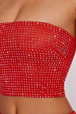 Oh Polly Co-Ords | Tops^Embellished Strapless Crop Top in Fire Red FireRed