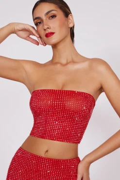 Oh Polly Co-Ords | Tops^Embellished Strapless Crop Top in Fire Red FireRed