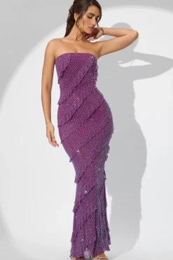 Oh Polly Wedding Guest | Party Dresses^Embellished Strapless Ruffle Maxi Dress in Plum