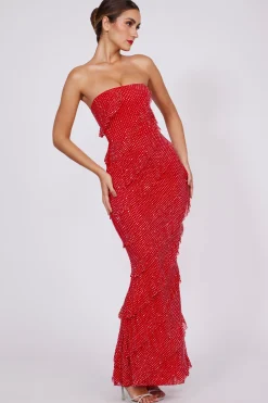 Oh Polly Wedding Guest | Party Dresses^Embellished Strapless Ruffle Maxi Dress in Fire Red FireRed