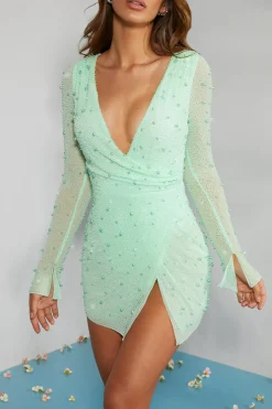 Oh Polly Women'S Clothing Sale - $65 And Under | Party Dresses^Embellished Wrap Over A-Line Mini Dress in Mint