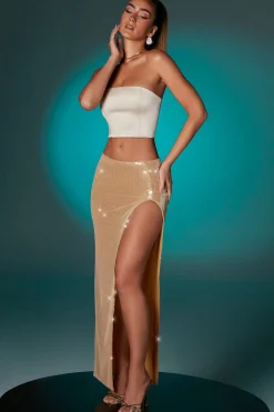 Oh Polly Women'S Clothing Sale - $65 And Under | Women'S Clothing Sale - $40 And Under^Flat Sequin Thigh Split Maxi Skirt in Gold