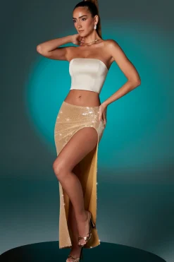Oh Polly Women'S Clothing Sale - $65 And Under | Women'S Clothing Sale - $40 And Under^Flat Sequin Thigh Split Maxi Skirt in Gold