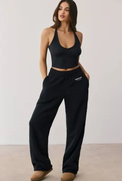 Oh Polly Tracksuits^Fleece Wide Leg Joggers in Onyx