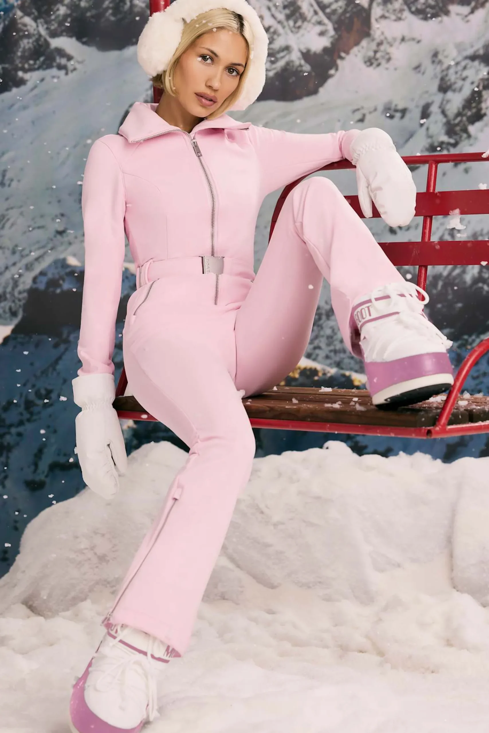 Oh Polly Coats^Fleece-Lined Belted Ski Suit in Pastel Pink PastelPink
