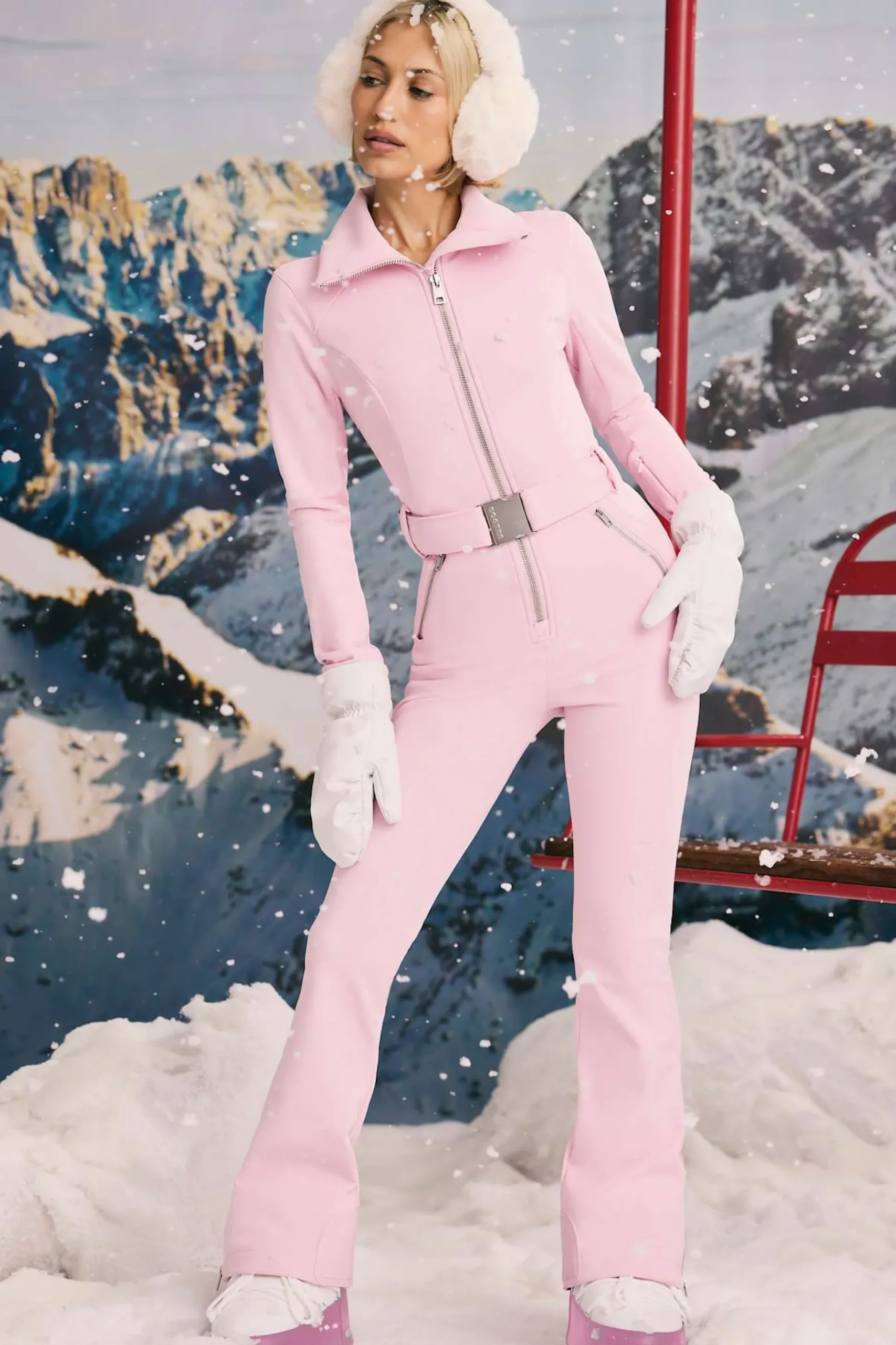 Oh Polly Coats^Fleece-Lined Belted Ski Suit in Pastel Pink PastelPink