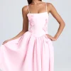 Oh Polly Wedding Guest^Floral-Appliqué Midi Dress in Blush