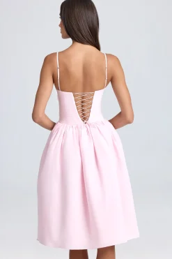 Oh Polly Wedding Guest^Floral-Appliqué Midi Dress in Blush
