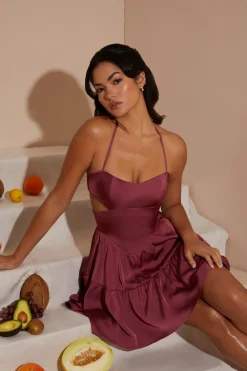 Oh Polly Graduation Dresses^Halter Neck Cut Out Mini Dress in Dark Mauve DarkMauve