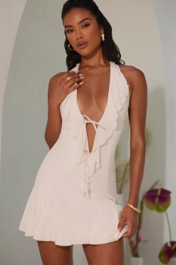 Oh Polly Mesh Dresses^Halter Neck Ruffle A-Line Mini Dress in Ivory