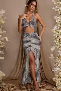 Oh Polly Women'S Clothing Sale - $65 And Under | Women'S Clothing Sale - $40 And Under^Halterneck Cut Out Maxi Dress in Grey Print GreyPrint
