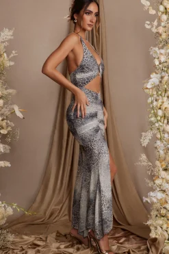 Oh Polly Women'S Clothing Sale - $65 And Under | Women'S Clothing Sale - $40 And Under^Halterneck Cut Out Maxi Dress in Grey Print GreyPrint
