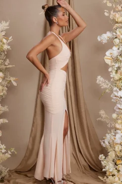 Oh Polly Georgette And Chiffon^Halterneck Cut Out Maxi Dress in Cream