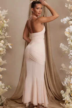 Oh Polly Georgette And Chiffon^Halterneck Cut Out Maxi Dress in Cream