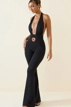 Oh Polly Jumpsuits & Unitards^Halterneck Cut-Out Flared Jumpsuit in Black