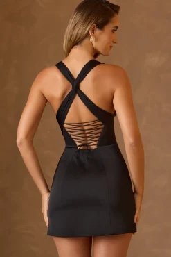 Oh Polly Holiday Party Dresses & Outfits | Satin Dresses^Halterneck Lace-Up A-Line Mini Dress in Black