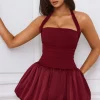 Oh Polly Skirts & Skorts | Party Dresses^Halterneck Lace-Up Bubble Hem Corset Micro Mini Dress in Berry Red BerryRed