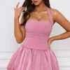 Oh Polly Skirts & Skorts | Party Dresses^Halterneck Lace-Up Bubble Hem Corset Micro Mini Dress in Mauve