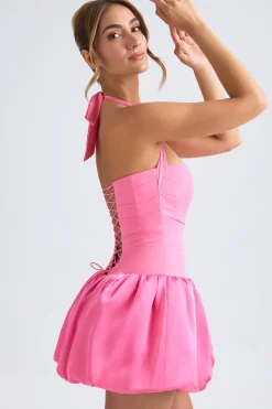 Oh Polly Party Dresses | Homecoming Dresses^Halterneck Lace-Up Bubble Hem Corset Micro Mini Dress in Hot Pink HotPink