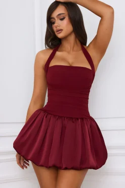 Oh Polly Skirts & Skorts | Party Dresses^Halterneck Lace-Up Bubble Hem Corset Micro Mini Dress in Berry Red BerryRed