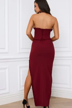 Oh Polly Holiday Party Dresses & Outfits^Halterneck Lace-Up Corset Maxi Dress in Berry Red BerryRed
