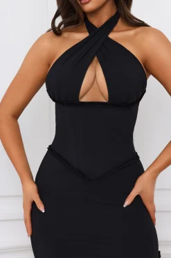Oh Polly Holiday Party Dresses & Outfits^Halterneck Lace-Up Corset Maxi Dress in Black