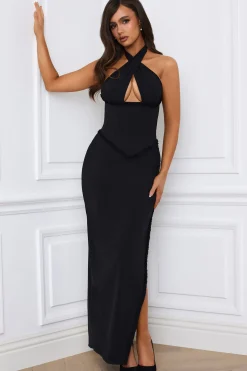 Oh Polly Holiday Party Dresses & Outfits^Halterneck Lace-Up Corset Maxi Dress in Black