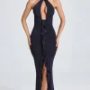 Oh Polly Satin Dresses^Halterneck Ruffle-Trim Gown in Black