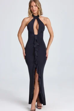 Oh Polly Satin Dresses^Halterneck Ruffle-Trim Gown in Black