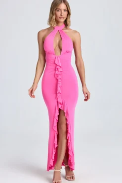 Oh Polly Women'S Clothing Sale - $65 And Under | Wedding Guest^Halterneck Ruffle-Trim Gown in Lollipop Pink LollipopPink