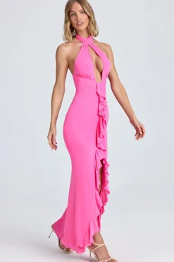 Oh Polly Women'S Clothing Sale - $65 And Under | Wedding Guest^Halterneck Ruffle-Trim Gown in Lollipop Pink LollipopPink