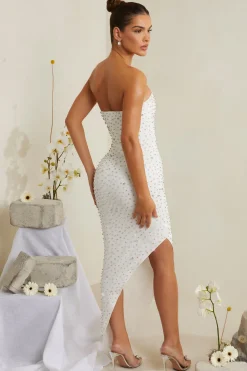 Oh Polly Party Dresses | Bride To Be^Hand Embellished Asymmetric Midi Dress in White