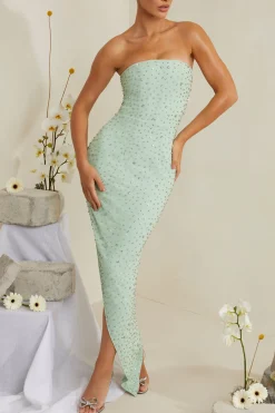 Oh Polly Wedding Guest | Party Dresses^Hand Embellished Asymmetric Midi Dress in Sage