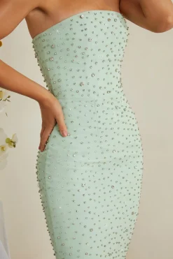 Oh Polly Wedding Guest | Party Dresses^Hand Embellished Asymmetric Midi Dress in Sage