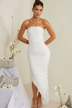 Oh Polly Party Dresses | Bride To Be^Hand Embellished Asymmetric Midi Dress in White