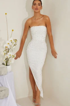 Oh Polly Party Dresses | Bride To Be^Hand Embellished Asymmetric Midi Dress in White