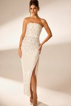 Oh Polly Party Dresses | Bride To Be^Hand Embellished Bandeau Maxi Dress in Ivory