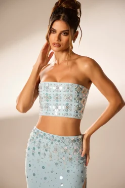 Oh Polly Women'S Clothing Sale - $65 And Under | Party Dresses^Hand Embellished Bandeau Corset Crop Top in Blue