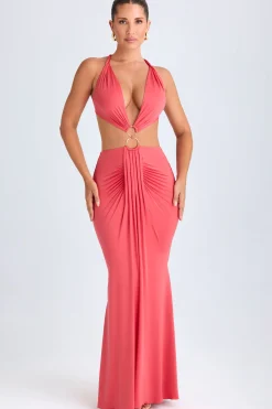 Oh Polly Night Out^Hardware Detail Cut-Out Halterneck Maxi Dress in Coral