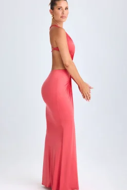 Oh Polly Night Out^Hardware Detail Cut-Out Halterneck Maxi Dress in Coral