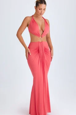 Oh Polly Night Out^Hardware Detail Cut-Out Halterneck Maxi Dress in Coral