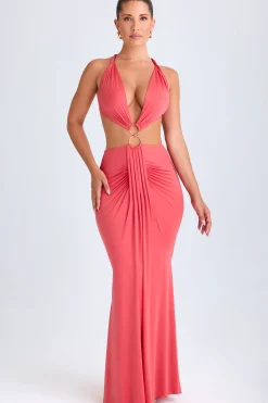 Oh Polly Night Out^Hardware Detail Cut-Out Halterneck Maxi Dress in Coral