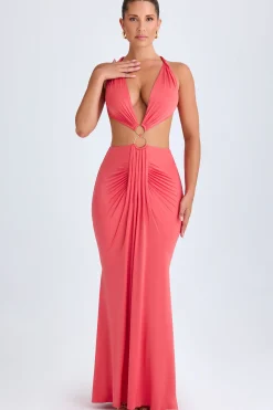 Oh Polly Night Out^Hardware Detail Cut-Out Halterneck Maxi Dress in Coral